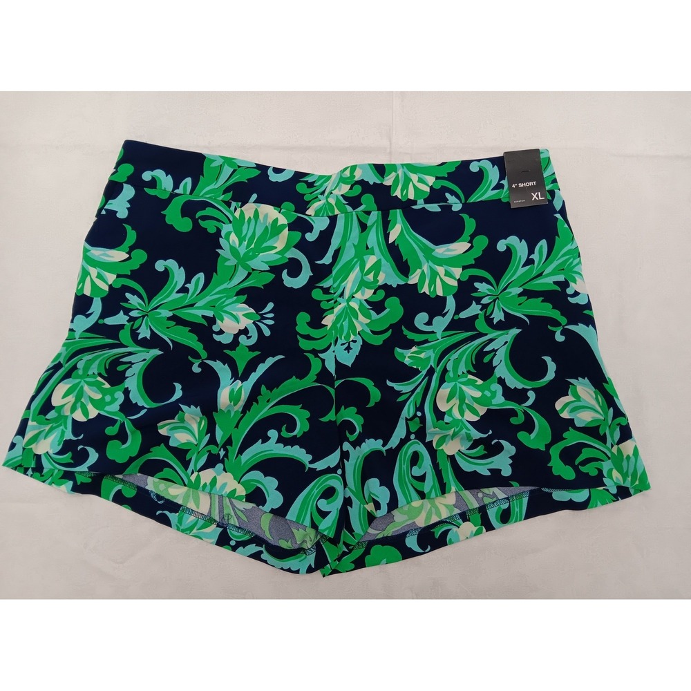 New York & Company Women XL Navy Green Floral Damask 4 Inch Stretch Shorts NWT
